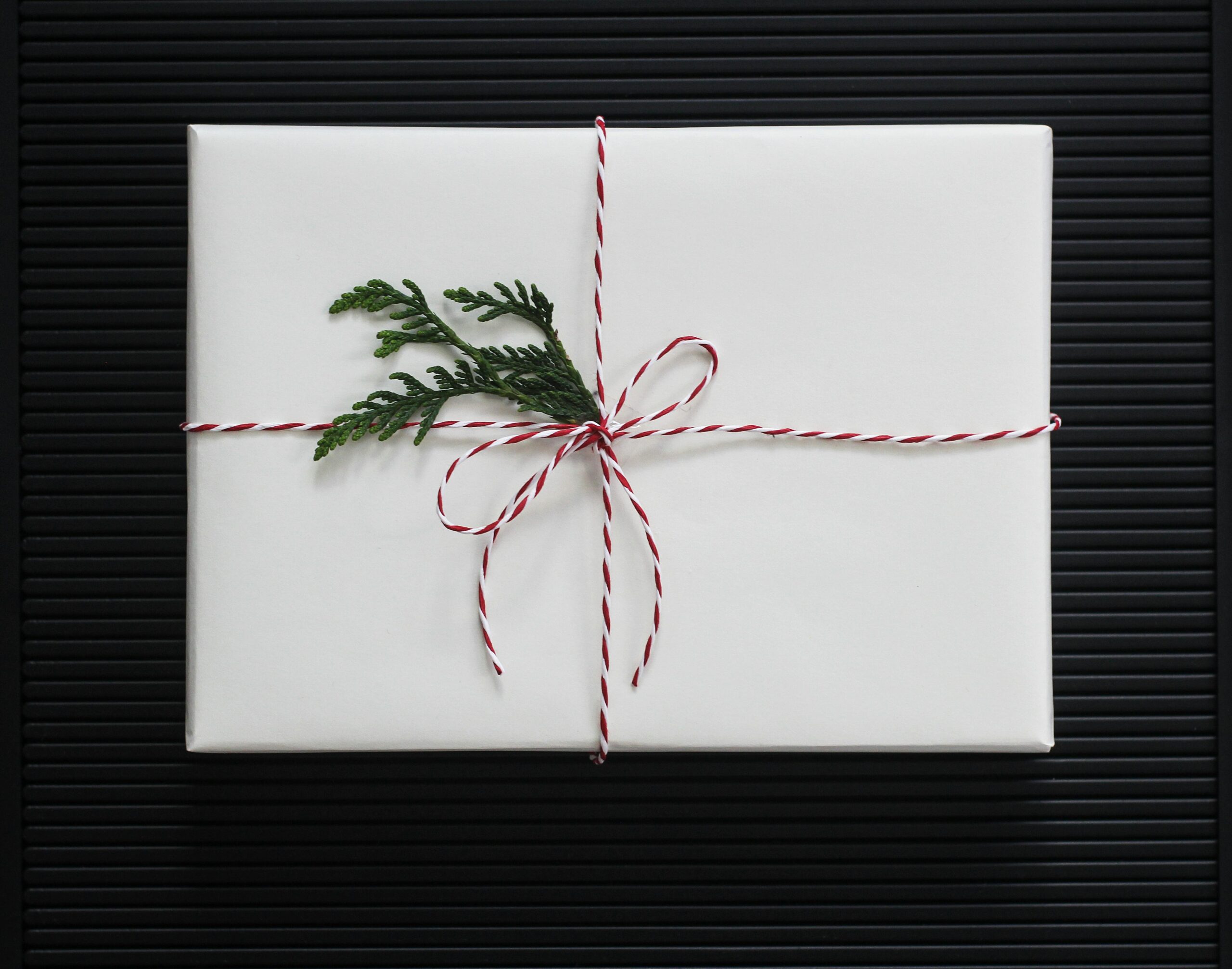 Elegant gift box with red ribbon and greenery accent.